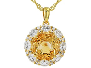 Rose Cut Citrine With White Zircon 18K Yellow Gold Over Silver Pendant With Chain 5.73ctw