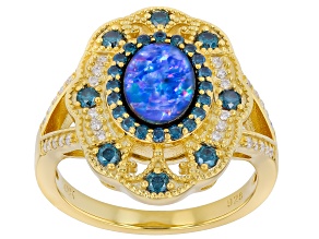 Australian Opal Doublet With Moissanite 18K Yellow Gold Over Sterling Silver Ring 0.54ctw