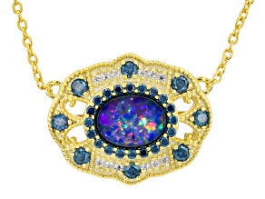 Australian Opal Doublet,  Moissanite 18K Yellow Gold Over Sterling Silver Pendant W/Chain 1.48ctw