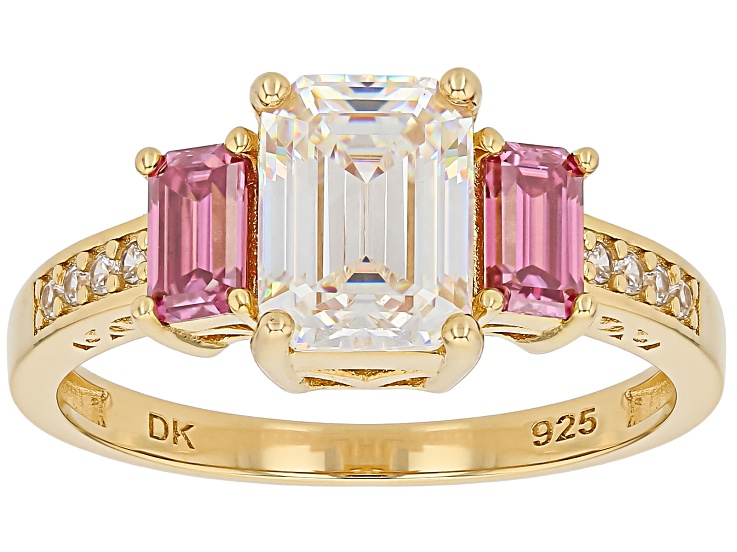 Strontium Titanate with Pink Moissanite FireÂ® and Zircon 18K Yellow Gold Over Silver Ring 2.65ctw