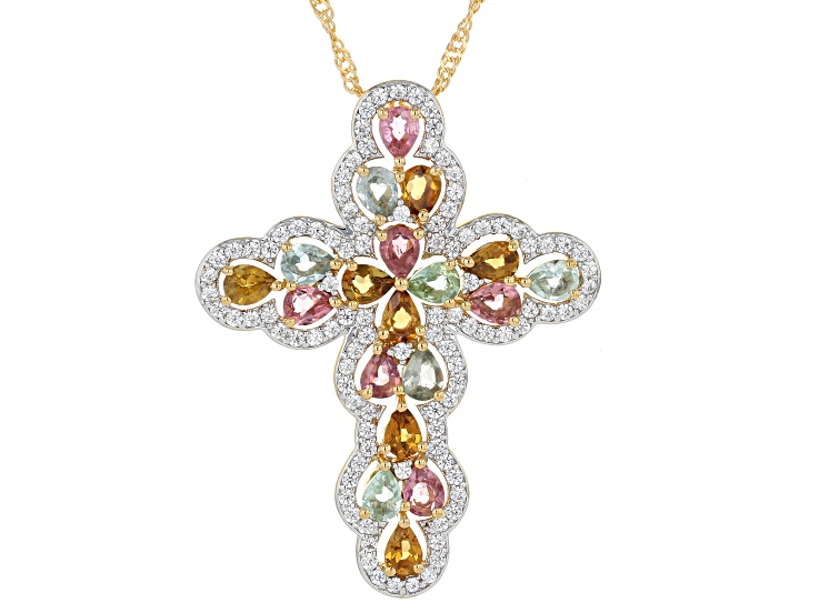 Multi Color Tourmaline White Zircon 18K Yellow Gold Over Sterling Silver Pendant With Chain 3.89ctw
