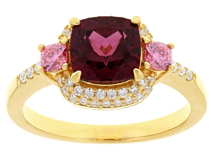 Grape Color Garnet With Pink & White Moissanite Fire® 18K Yellow Gold Over Silver Ring 2.44ctw