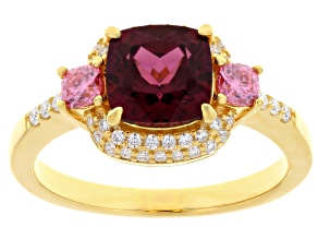 Grape Color Garnet With Pink & White Moissanite Fire® 18K Yellow Gold Over Silver Ring 2.44ctw