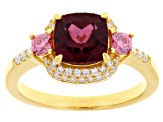 Grape Color Garnet With Pink & White Moissanite Fire® 18K Yellow Gold Over Silver Ring 2.44ctw