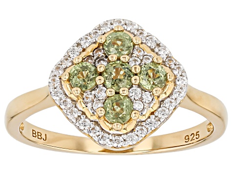 Green Demantoid Garnet with White Zircon 18K Yellow Gold over Sterling Silver Ring 0.88ctw