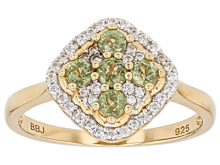 Green Demantoid Garnet with White Zircon 18K Yellow Gold over Sterling Silver Ring 0.88ctw