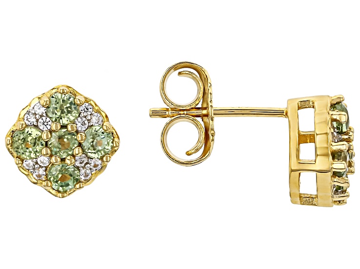 Green Demantoid Garnet with White Zircon 18K Yellow Gold over Sterling Silver Earrings 1.11ctw