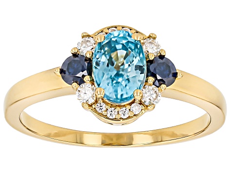 Blue Zircon With Blue & White Moissanite Fire® 18K Yellow Gold Over Sterling Silver Ring 1.47ctw
