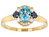 Blue Zircon With Blue & White Moissanite Fire® 18K Yellow Gold Over Sterling Silver Ring 1.47ctw