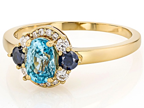 Blue Zircon With Blue & White Moissanite Fire® 18K Yellow Gold Over Sterling Silver Ring 1.47ctw