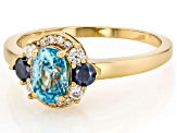 Blue Zircon With Blue & White Moissanite Fire® 18K Yellow Gold Over Sterling Silver Ring 1.47ctw