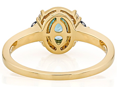 Blue Zircon With Blue & White Moissanite Fire® 18K Yellow Gold Over Sterling Silver Ring 1.47ctw