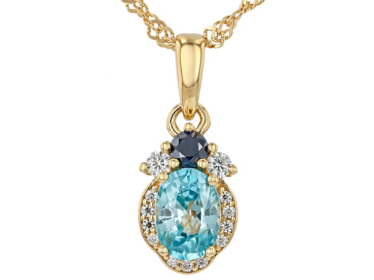 Blue Zircon With Moissanite Fire® 18K Yellow Gold Over Sterling Silver Pendant With Chain 1.35ctw