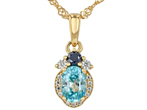 Blue Zircon With Moissanite Fire® 18K Yellow Gold Over Sterling Silver Pendant With Chain 1.35ctw