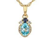 Blue Zircon With Moissanite Fire® 18K Yellow Gold Over Sterling Silver Pendant With Chain 1.35ctw