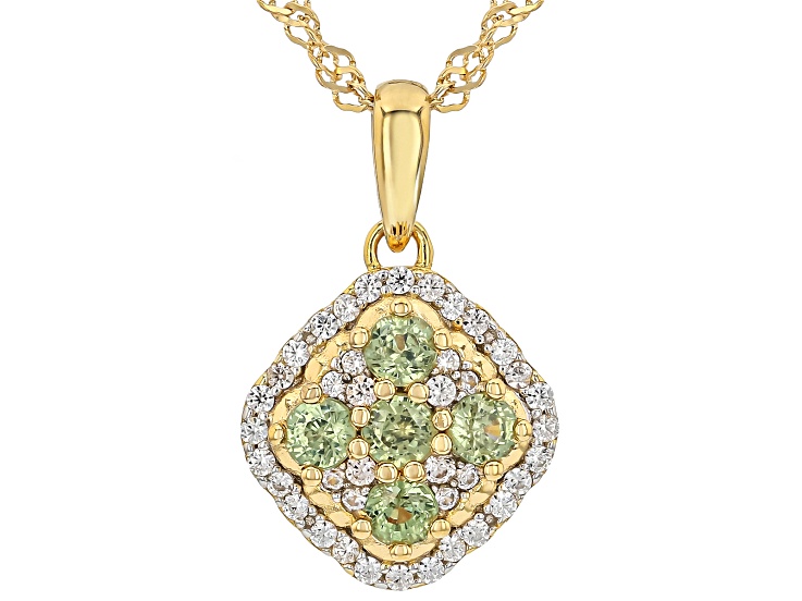 Green Demantoid Garnet with Zircon 18K Yellow Gold Over Sterling Silver Pendant with Chain 0.89ctw