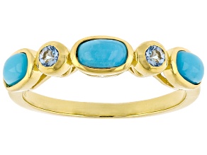Sleeping Beauty Turquoise With Ofiki Aquamarine 18K Yellow Gold Over Silver Ring 0.11ctw