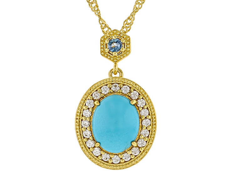 Sleeping Beauty Turquoise With Ofiki Aquamarine & Zircon 18K Gold Over Silver Pendant/Chain 0.41ctw