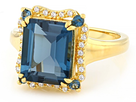 London Blue Topaz With White Zircon 18k Yellow Gold Over Sterling Silver Ring 4.90ctw