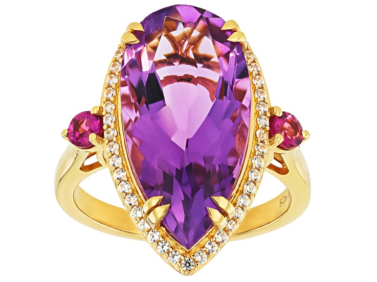 Purple Canela Amethyst with Red Rhodolite and Zircon 18K Yellow Gold Over Silver Ring 6.96ctw