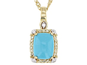 Sleeping Beauty Turquoise With Yellow Diamond & White Zircon 18k Gold Over Silver Pendant With Chain