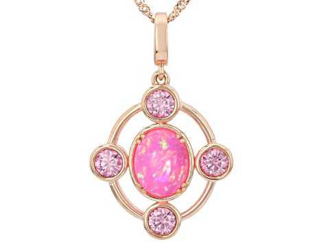 Pink Ethiopian Opal With Pink Moissanite  Fire®  18K Rose Gold Over Silver Pendant W/Chain 0.78ctw