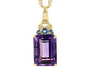 Canela Amethyst With Blue Ofiki Aquamarine 18K Yellow Gold Over Silver Pendant/Chain 5.97ctw