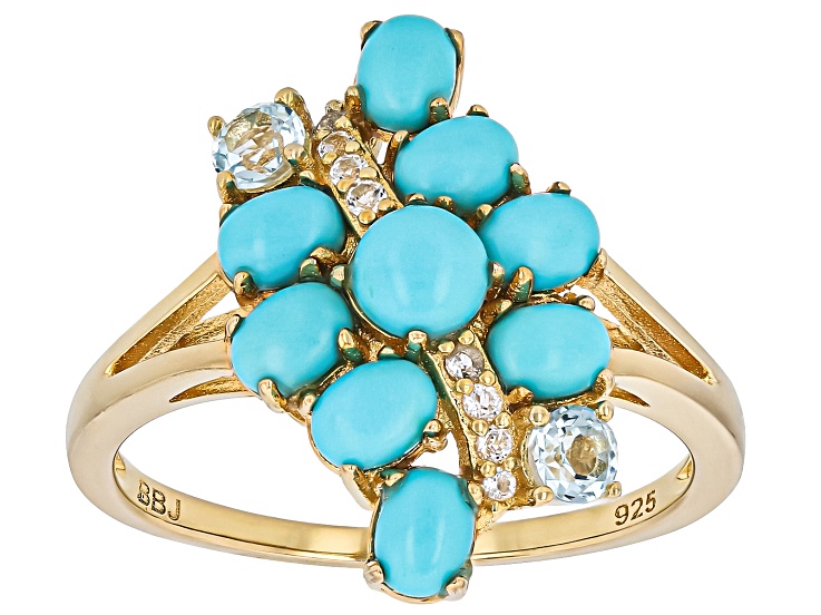 Sleeping Beauty Turquoise With White & Sky Blue Topaz 18k Yellow Gold Over Silver Ring 0.36ctw
