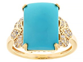 Sleeping Beauty Turquoise With White Zircon 18k Yellow Gold Over Sterling Silver Ring 0.25ctw