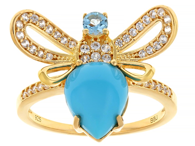 Sleeping Beauty Turquoise With Blue Topaz & White Zircon 18k Yellow Gold Over Silver Ring 0.47ctw