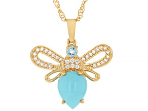 Sleeping Beauty Turquoise, Topaz & White Zircon 18k Yellow Gold Over Silver Pend/Chain 0.40ctw