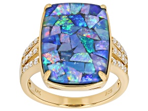 Multicolor Mosaic Opal Triplet with White Moissanite Fire® 18K Yellow Gold Over Silver Ring 0.20ctw