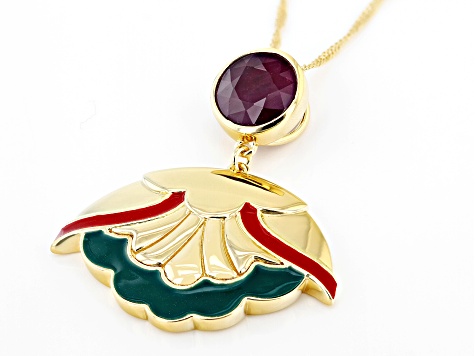 Ruby & Enamel 18K Yellow Gold Over Sterling Silver Pendant With Chain 2.70ct