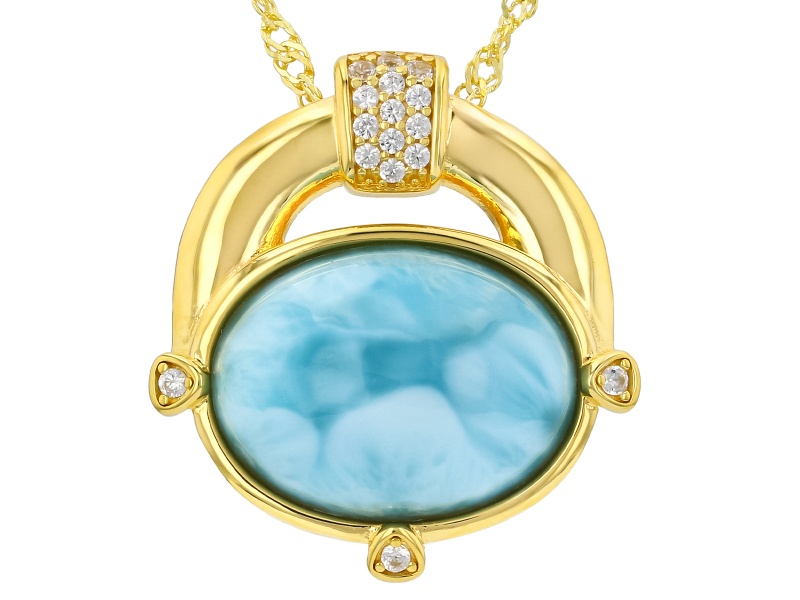 Larimar With White Zircon 18K Yellow Gold Over Sterling Silver Pendant With Chain 0.10ctw