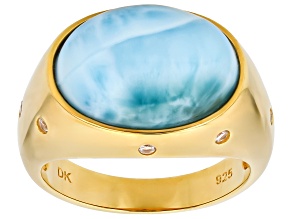 16x12mm Blue Larimar With White Zircon 18K Yellow Gold Over Sterling Silver Ring 0.14ctw