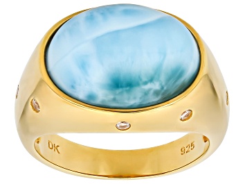 Picture of 16x12mm Blue Larimar With White Zircon 18K Yellow Gold Over Sterling Silver Ring 0.14ctw