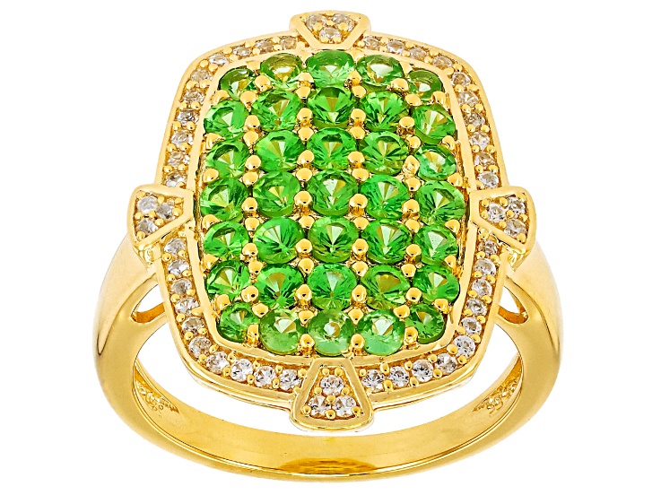 Green Tsavorite Garnet With White Zircon 18K Yellow Gold Over Sterling Silver Cluster Ring 1.75ctw