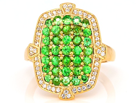 Green Tsavorite Garnet With White Zircon 18K Yellow Gold Over Sterling Silver Cluster Ring 1.75ctw