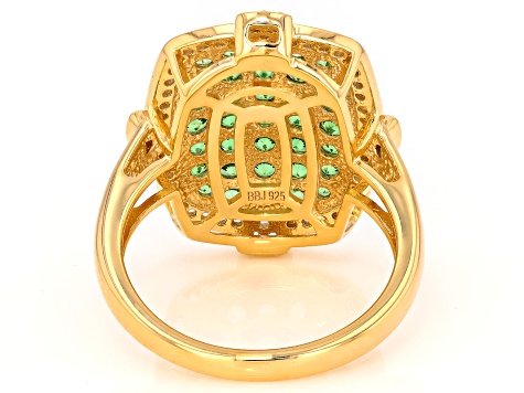 Green Tsavorite Garnet With White Zircon 18K Yellow Gold Over Sterling Silver Cluster Ring 1.75ctw