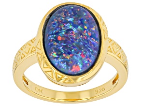 14x10mm Multi-Color Australian Opal Triplet 18K Yellow Gold Over Sterling Silver Solitaire Ring
