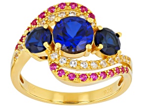 Blue & White Lab Created Sapphire With Lab Created Ruby 18K Yellow Gold Over Silver Ring 2.83ctw