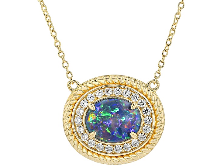 10x8mm Multi-Color Australian Opal Triplet With Zircon 18K Yellow Gold Over Silver Necklace 0.41ctw