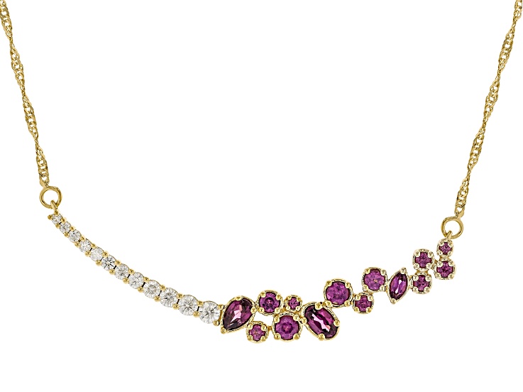 Grape Color Garnet with White Moissanite 18K Yellow Gold Over Sterling Silver Necklace 2.07ctw