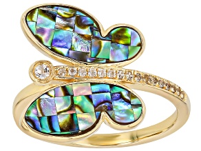 Multi Color Abalone Shell With White Topaz 18K Yellow Gold Over Silver Mosaic Cut Ring 0.30ctw