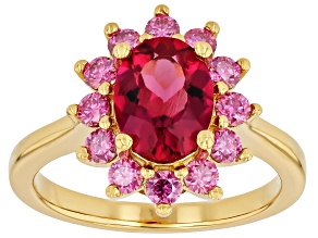 Lab Created Bixbite with Pink Moissanite 18K Yellow Gold Over Sterling Silver Ring 2.11ctw