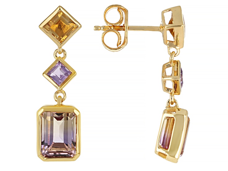 Bi-Color Ametrine with Citrine and Amethyst 18K Yellow Gold Over Sterling Silver Earrings 3.70ctw