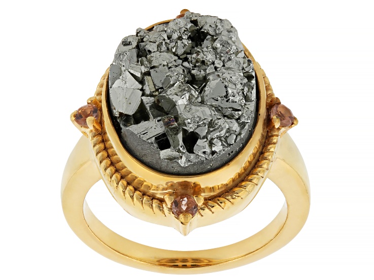 Grey Pyrite with Brown Andalusite 18K Yellow Gold Over Sterling Silver Ring 0.15cw