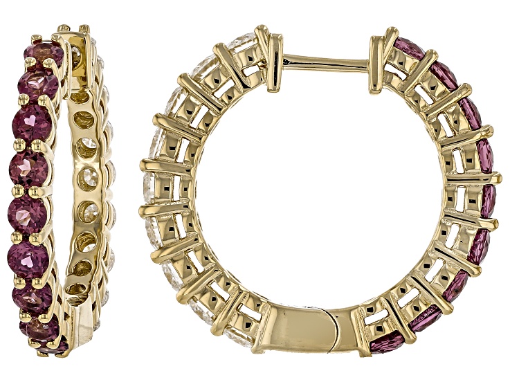 Grape Color Rhodolite With Moissanite 18K Yellow Gold Over Silver Reversible Hoop Earrings 3.06ctw