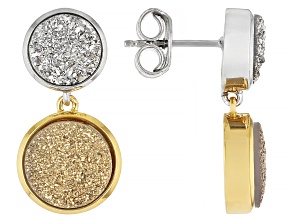 Golden And Silver Drusy Quartz Rhodium & 18K Yellow Gold Over Silver Earrings 10.20ctw