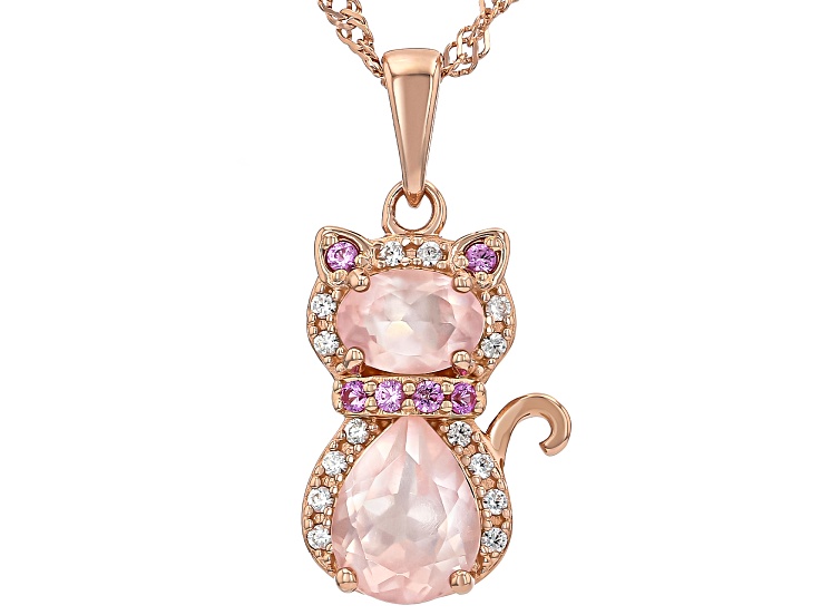 Rose Quartz 18k Rose Gold Over Sterling Silver Cat Pendant With Chain 2.05ctw